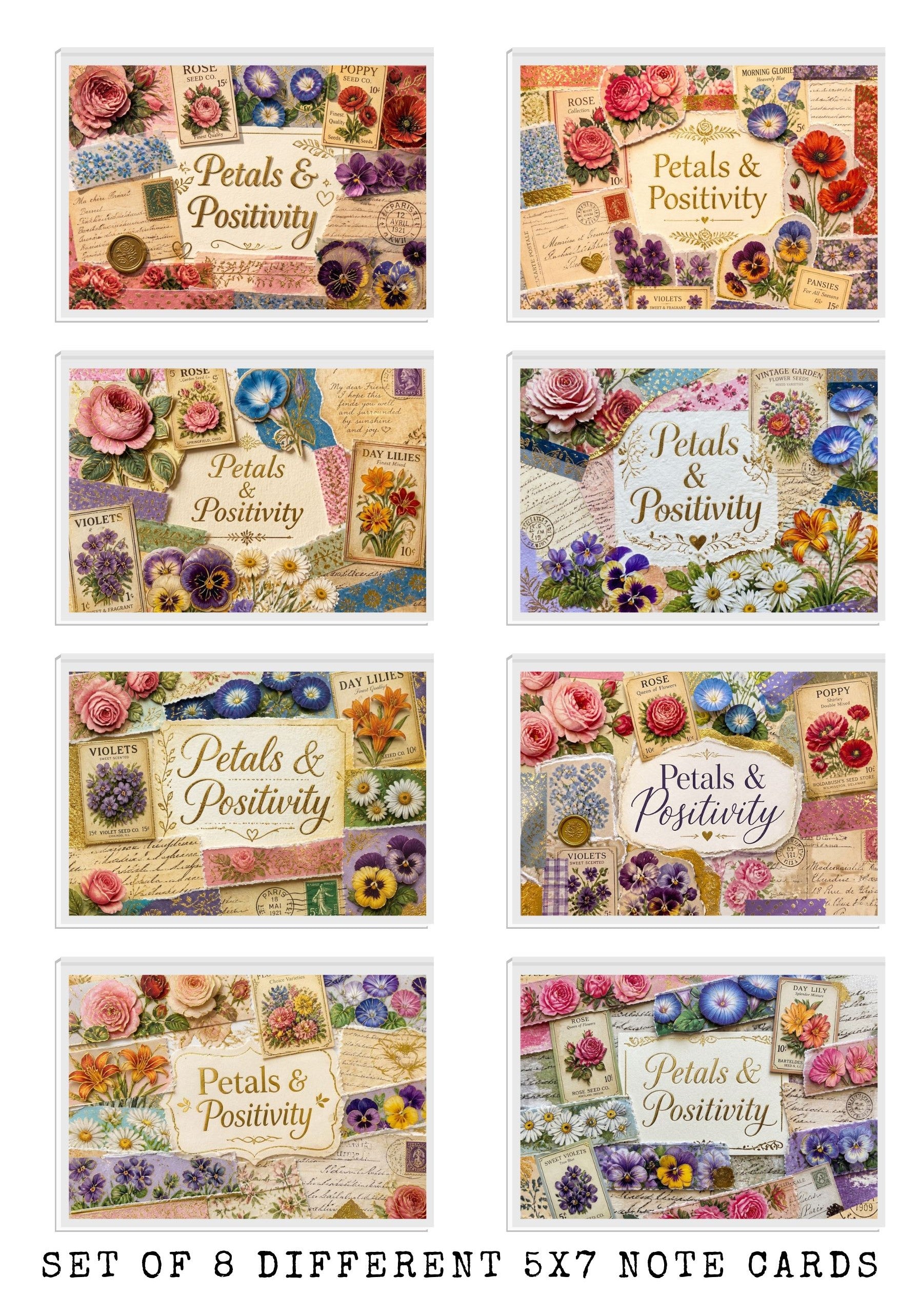 Vintage Petals Positivity Note Cards, Set Of 8 Handmade 5x7 Floral Collage Greeting Cards