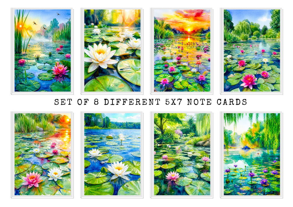 Water Lily Pond Note Cards, Set of 8 Handmade 5x7 Floral Impressionist Greeting Cards