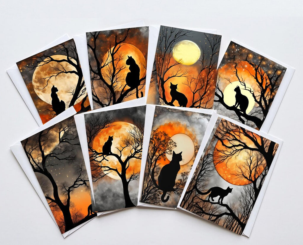 Black Cat Halloween Note Cards Set of 8, Full Moon Gothic Blank 5x7 Greeting Cards, Spooky Autumn Stationery, Witchy Cat Lover Gift
