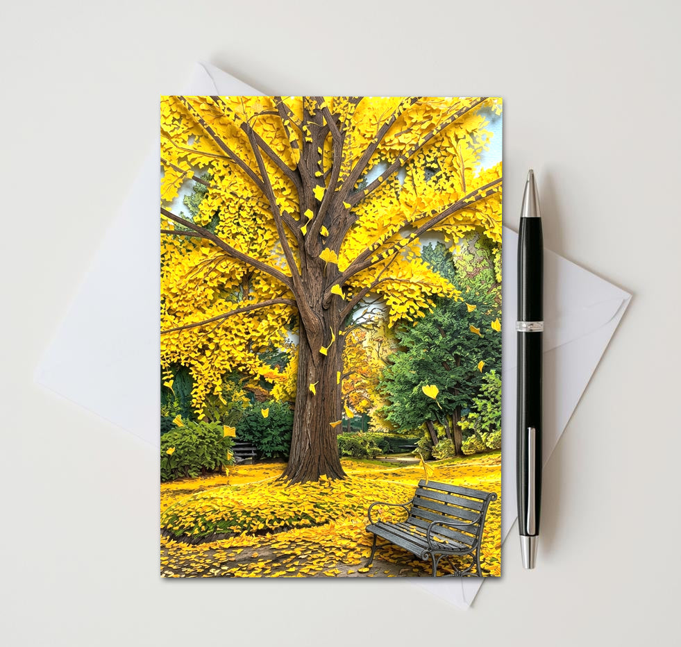 Autumn Tree Note Cards Set of 8, Fall Park Bench Blank 5x7 Greeting Cards, Scenic Foliage Nature Stationery, Cozy Autumn Gift