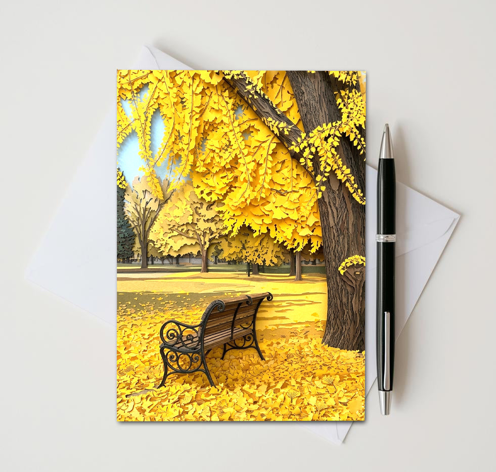 Autumn Tree Note Cards Set of 8, Fall Park Bench Blank 5x7 Greeting Cards, Scenic Foliage Nature Stationery, Cozy Autumn Gift