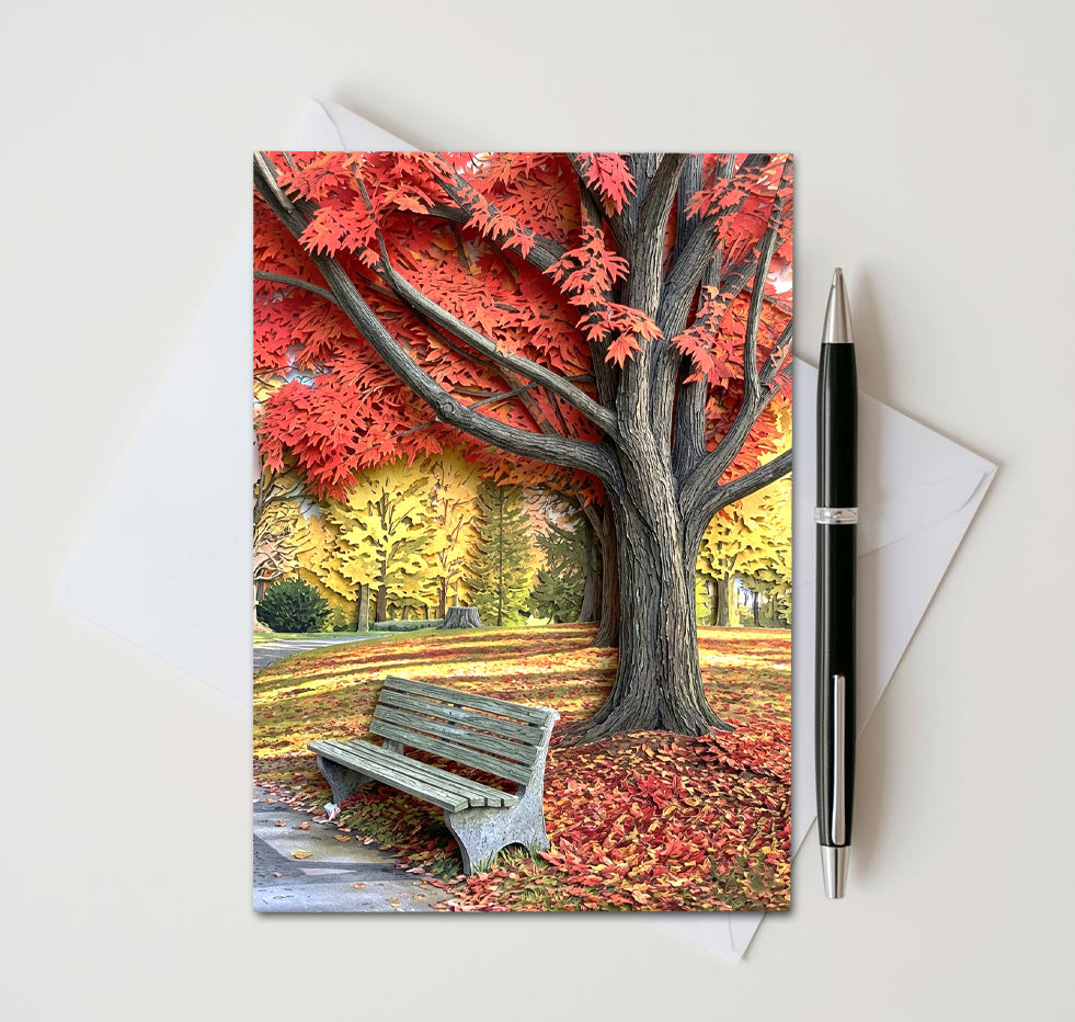 Autumn Tree Note Cards Set of 8, Fall Park Bench Blank 5x7 Greeting Cards, Scenic Foliage Nature Stationery, Cozy Autumn Gift