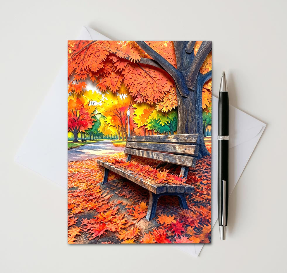 Autumn Tree Note Cards Set of 8, Fall Park Bench Blank 5x7 Greeting Cards, Scenic Foliage Nature Stationery, Cozy Autumn Gift