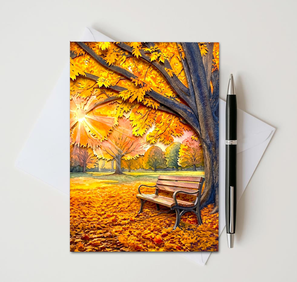 Autumn Tree Note Cards Set of 8, Fall Park Bench Blank 5x7 Greeting Cards, Scenic Foliage Nature Stationery, Cozy Autumn Gift