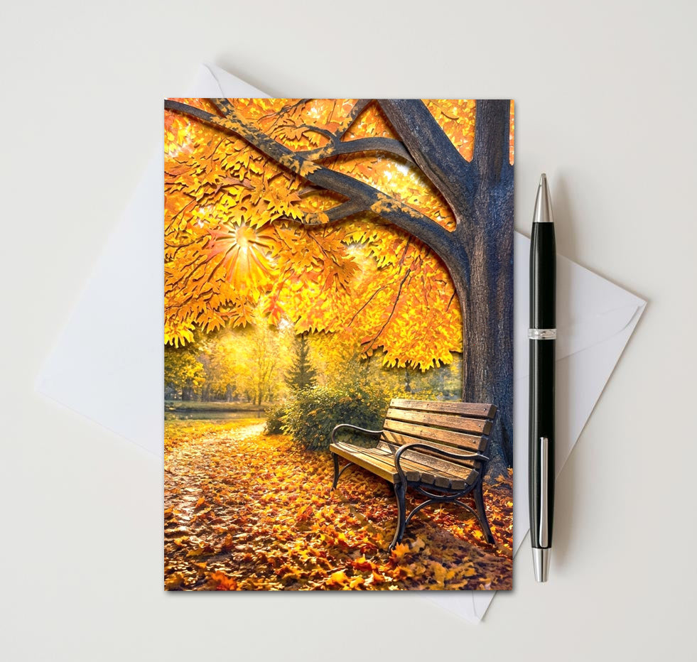 Autumn Tree Note Cards Set of 8, Fall Park Bench Blank 5x7 Greeting Cards, Scenic Foliage Nature Stationery, Cozy Autumn Gift