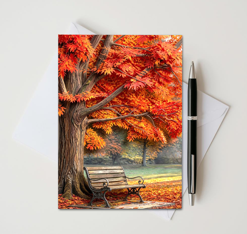 Autumn Tree Note Cards Set of 8, Fall Park Bench Blank 5x7 Greeting Cards, Scenic Foliage Nature Stationery, Cozy Autumn Gift
