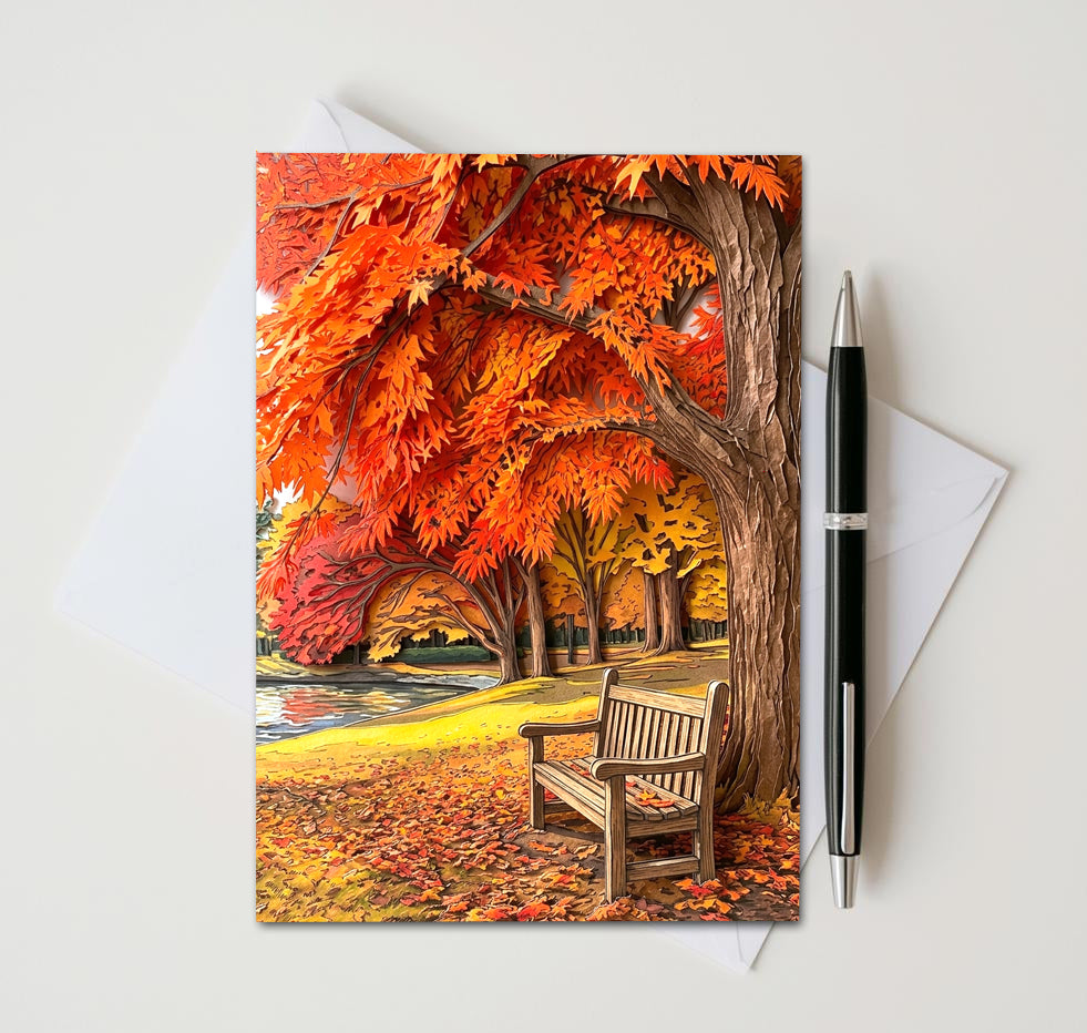Autumn Tree Note Cards Set of 8, Fall Park Bench Blank 5x7 Greeting Cards, Scenic Foliage Nature Stationery, Cozy Autumn Gift