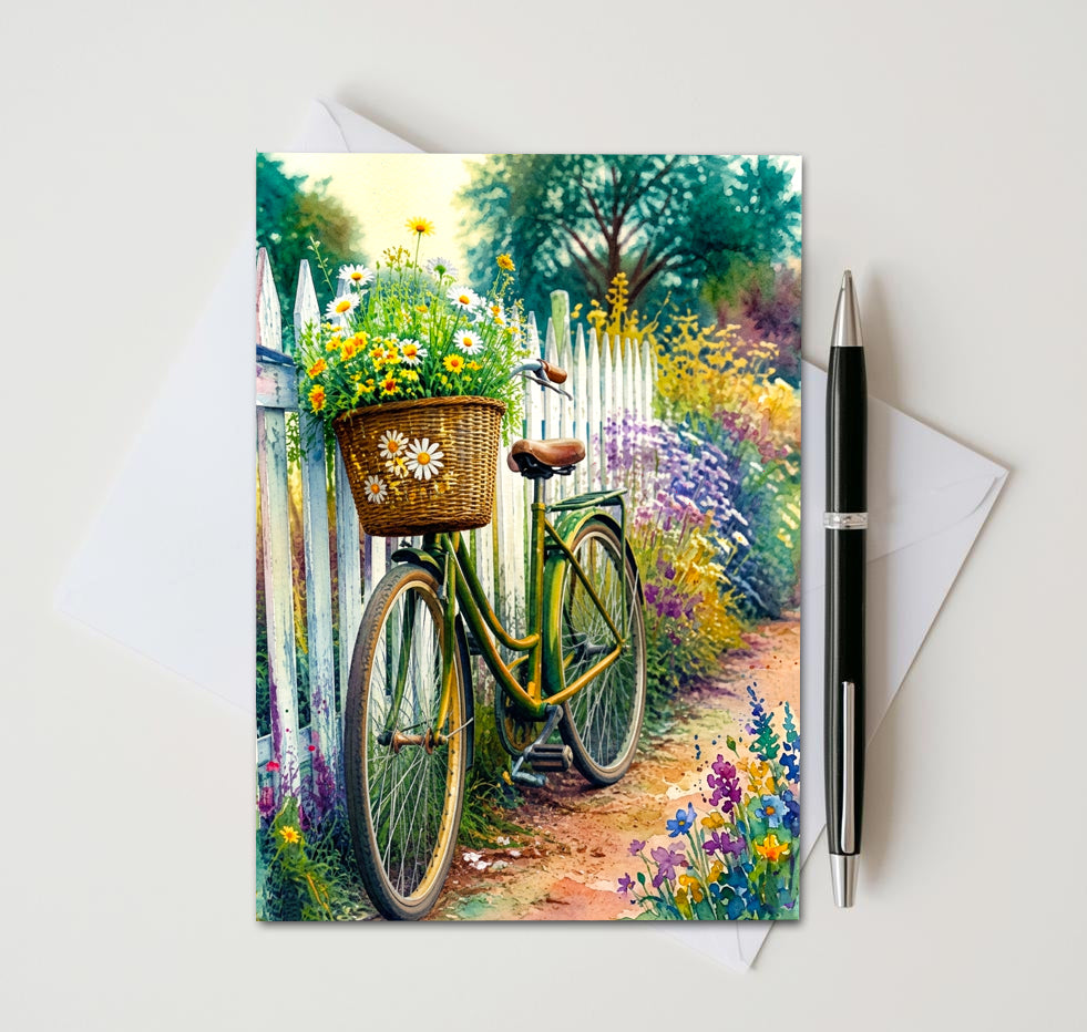Vintage Bicycle Floral Note Cards, Set Of 8 Handmade 5x7 Garden Greeting Cards
