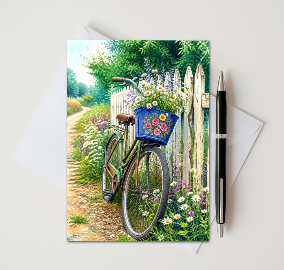 Vintage Bicycle Floral Note Cards, Set Of 8 Handmade 5x7 Garden Greeting Cards