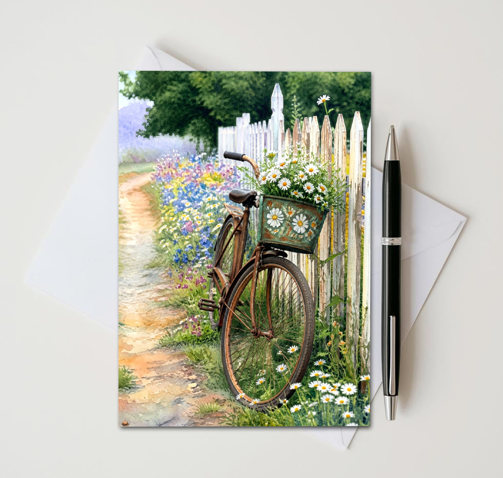 Vintage Bicycle Floral Note Cards, Set Of 8 Handmade 5x7 Garden Greeting Cards