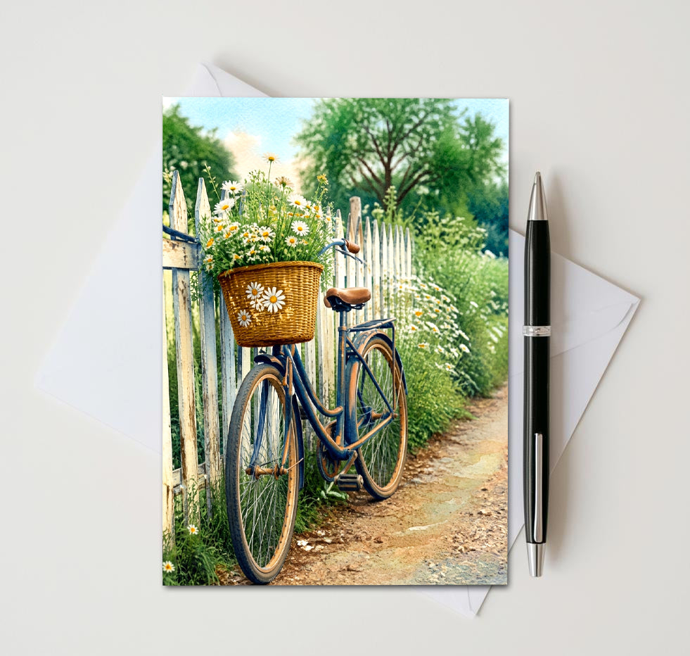 Vintage Bicycle Floral Note Cards, Set Of 8 Handmade 5x7 Garden Greeting Cards