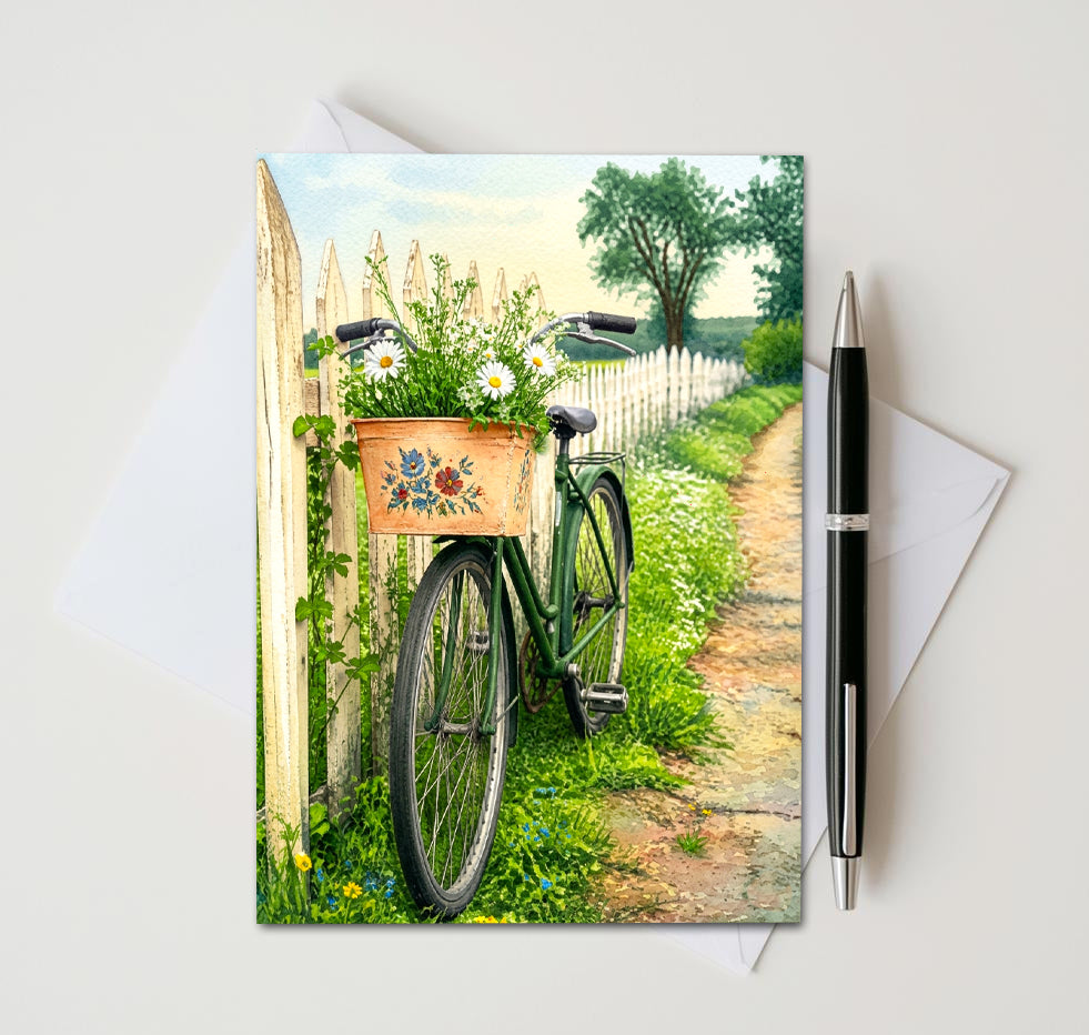 Vintage Bicycle Floral Note Cards, Set Of 8 Handmade 5x7 Garden Greeting Cards