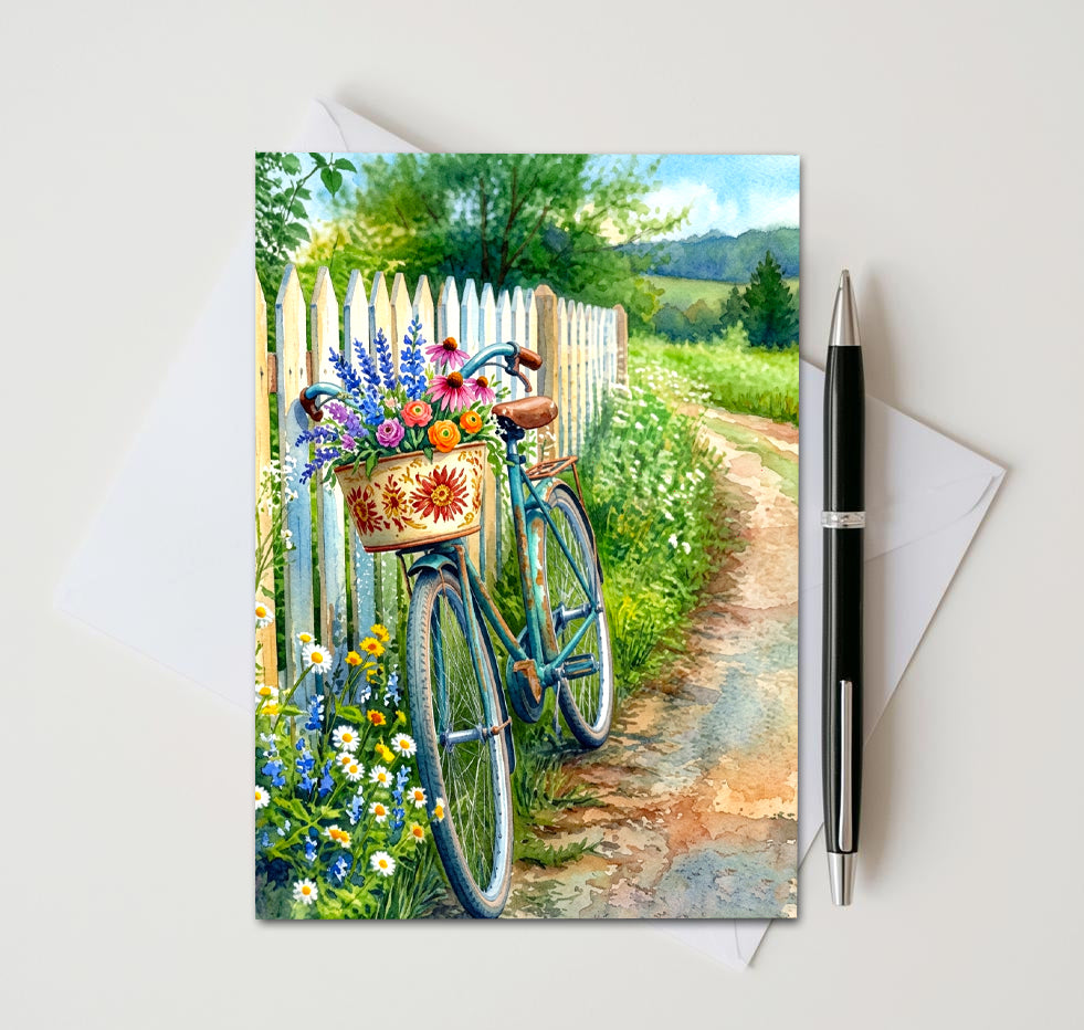 Vintage Bicycle Floral Note Cards, Set Of 8 Handmade 5x7 Garden Greeting Cards