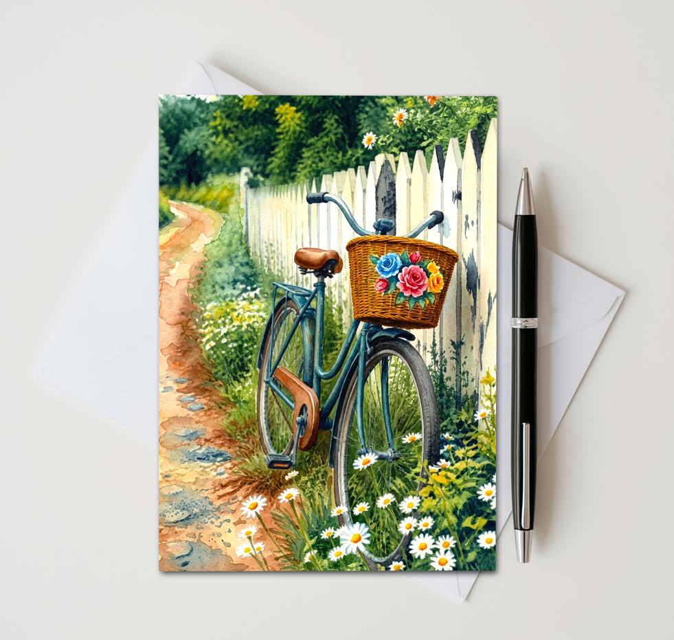 Vintage Bicycle Floral Note Cards, Set Of 8 Handmade 5x7 Garden Greeting Cards