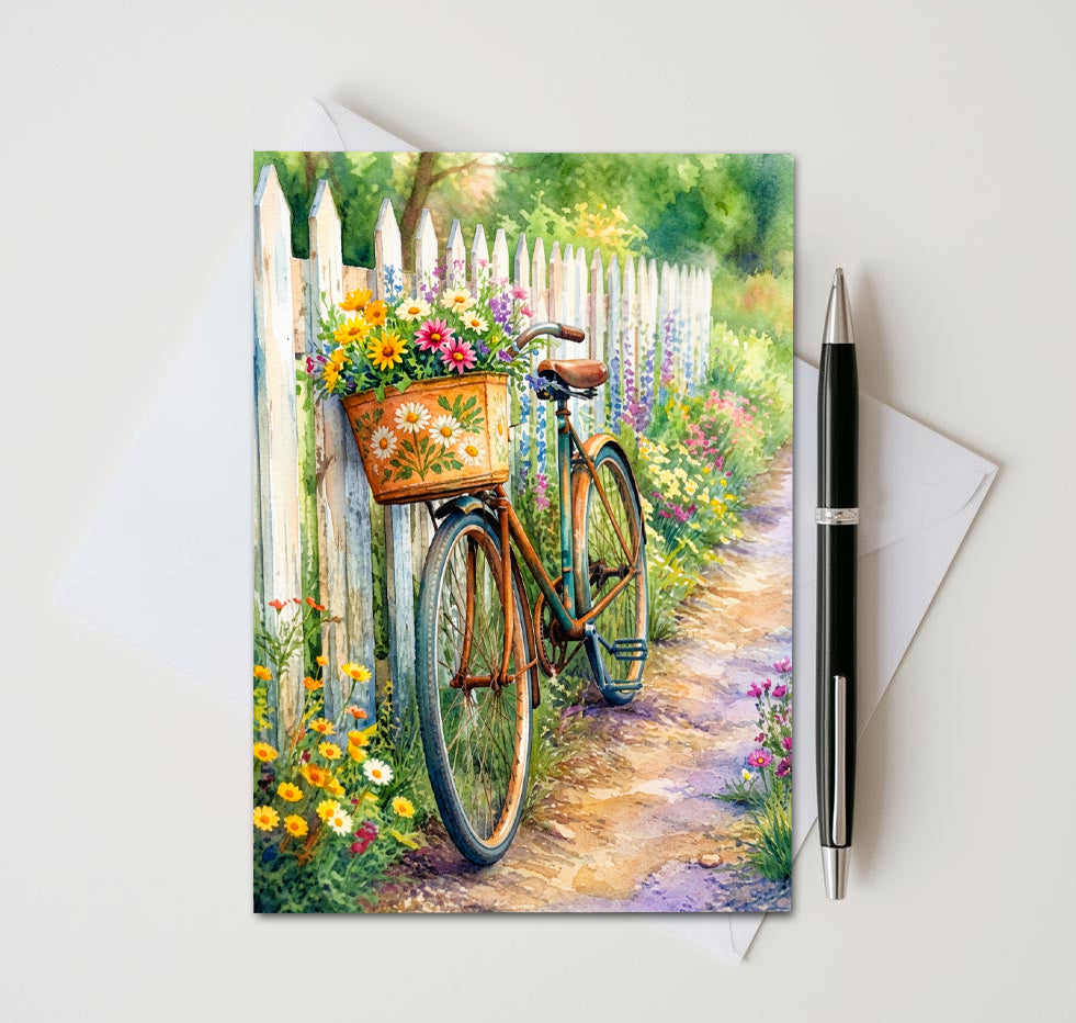 Vintage Bicycle Floral Note Cards, Set Of 8 Handmade 5x7 Garden Greeting Cards