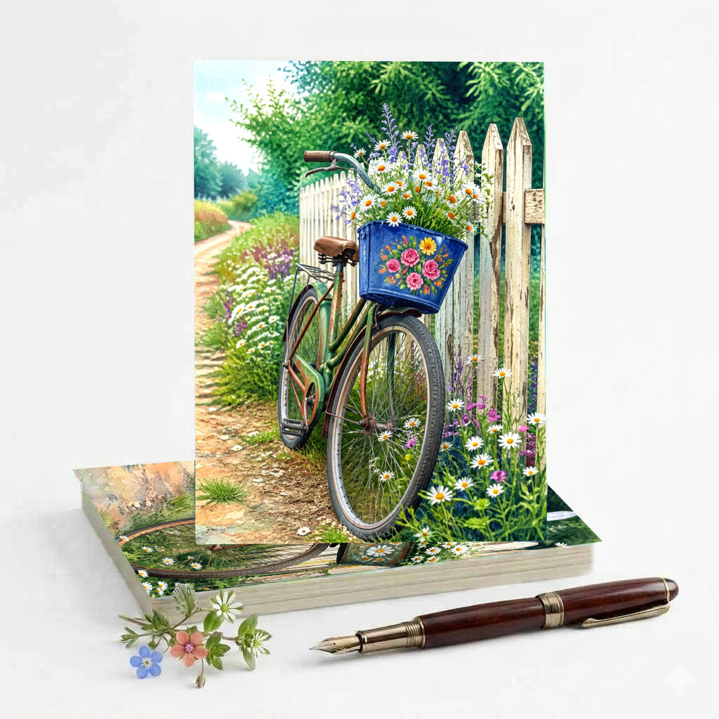 Vintage Bicycle Floral Note Cards, Set Of 8 Handmade 5x7 Garden Greeting Cards