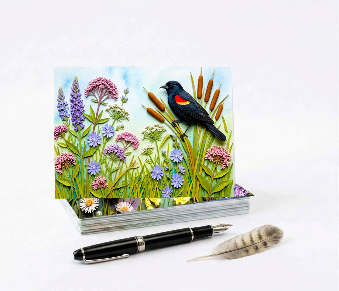 Wildflower Songbird Note Cards - Set of 6 Stationery 5x7 Blank Nature Cards