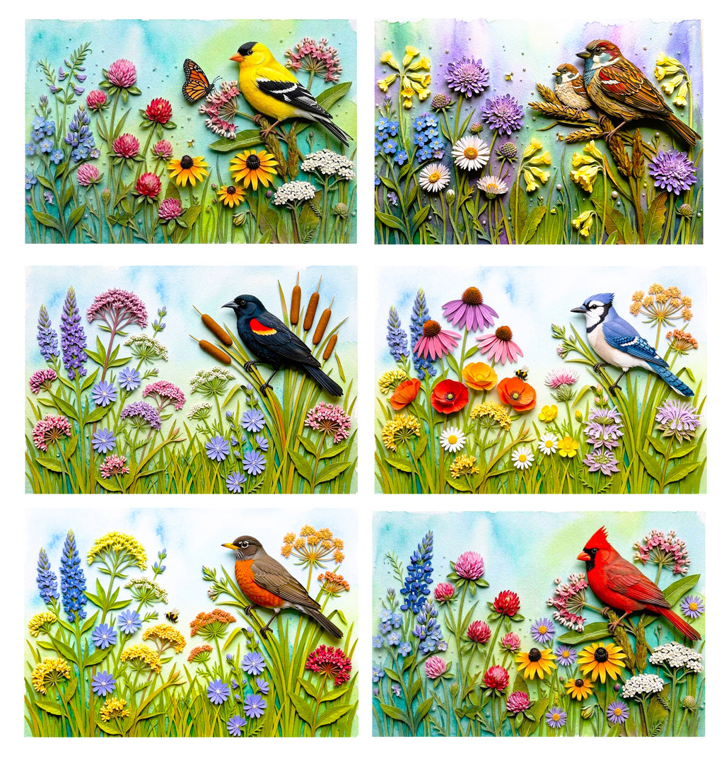 Wildflower Songbird Note Cards - Set of 6 Stationery 5x7 Blank Nature Cards