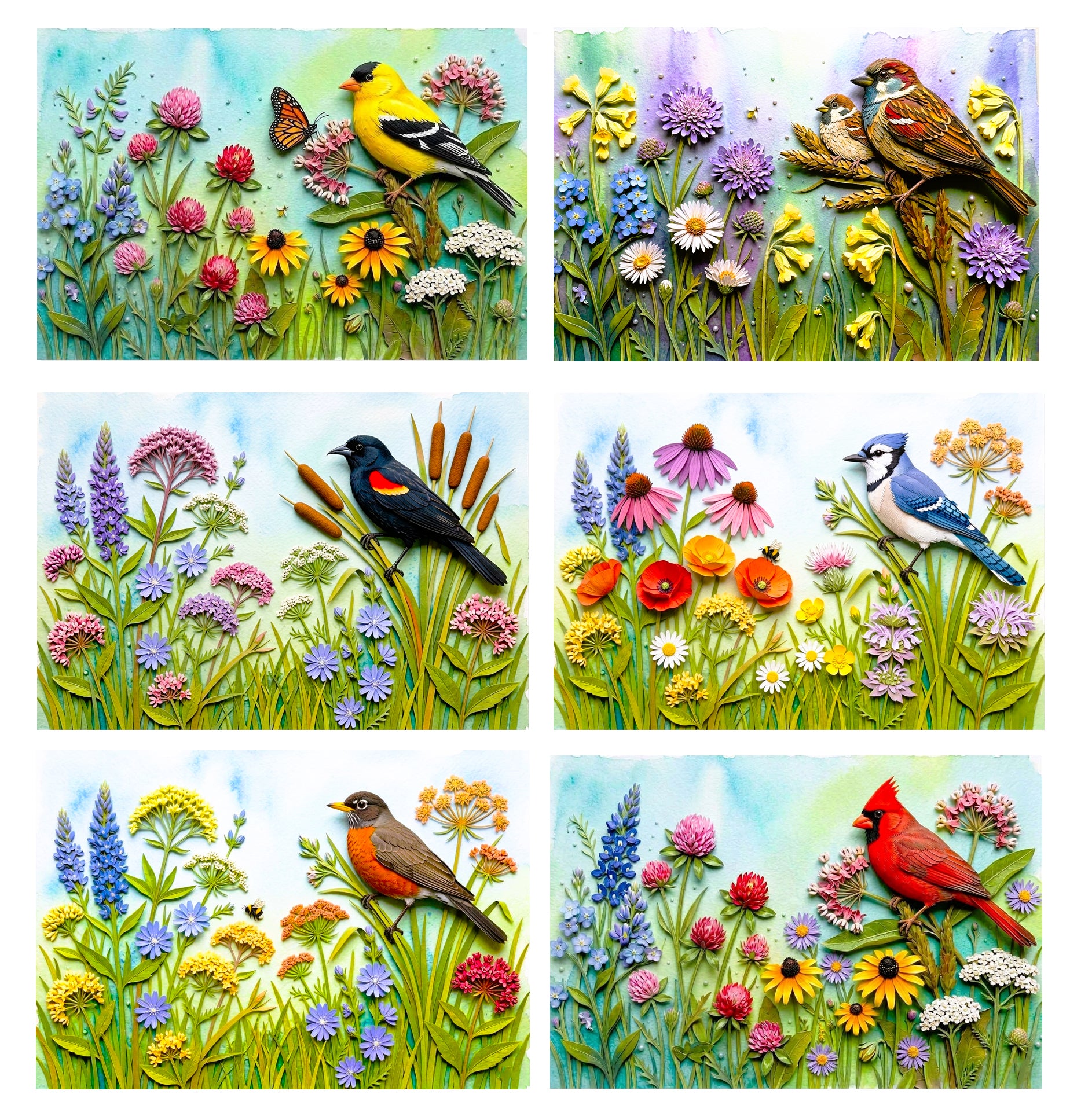 Wildflower Songbird Note Cards - Set of 6 Stationery 5x7 Blank Nature Cards
