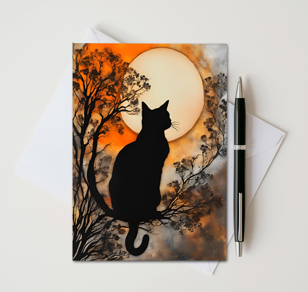 Black Cat Halloween Note Cards Set of 8, Full Moon Gothic Blank 5x7 Greeting Cards, Spooky Autumn Stationery, Witchy Cat Lover Gift