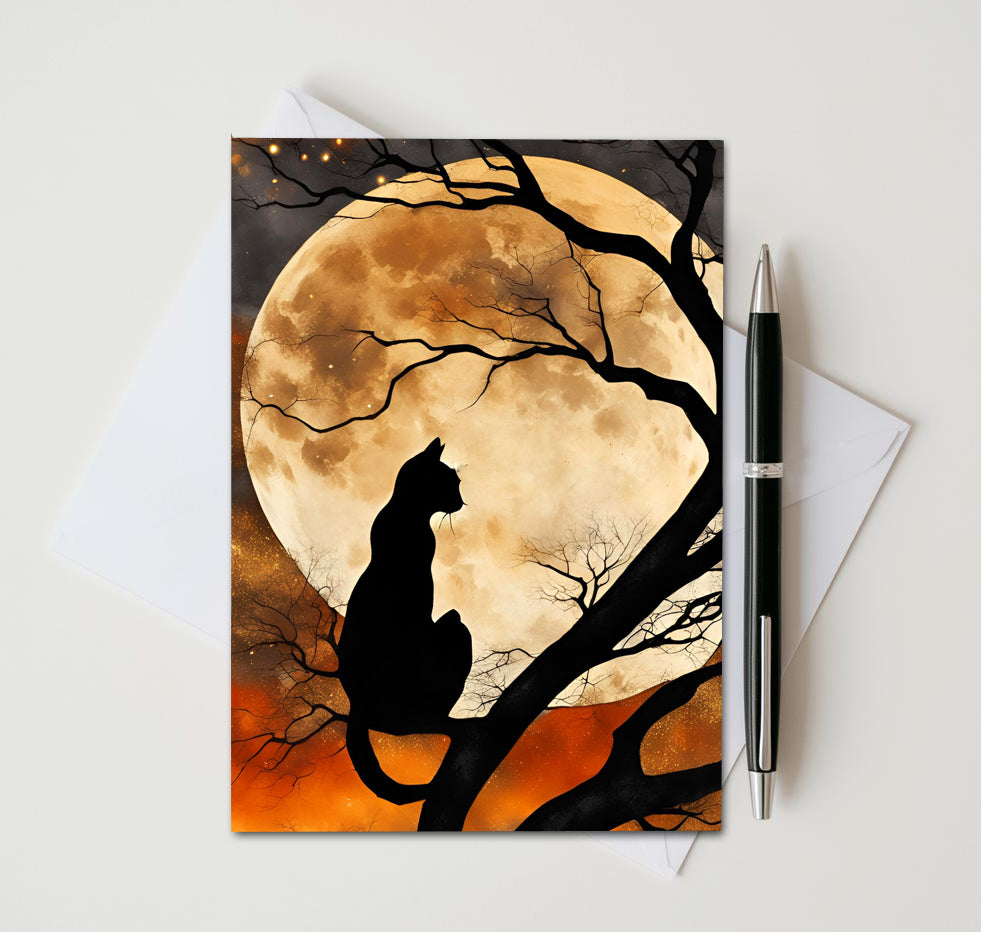 Black Cat Halloween Note Cards Set of 8, Full Moon Gothic Blank 5x7 Greeting Cards, Spooky Autumn Stationery, Witchy Cat Lover Gift