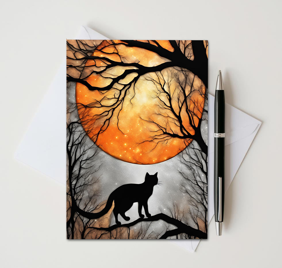 Black Cat Halloween Note Cards Set of 8, Full Moon Gothic Blank 5x7 Greeting Cards, Spooky Autumn Stationery, Witchy Cat Lover Gift