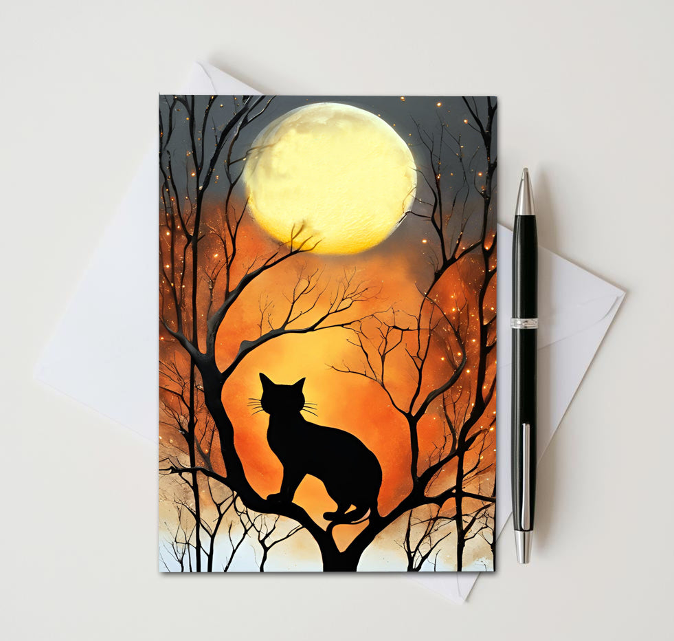 Black Cat Halloween Note Cards Set of 8, Full Moon Gothic Blank 5x7 Greeting Cards, Spooky Autumn Stationery, Witchy Cat Lover Gift