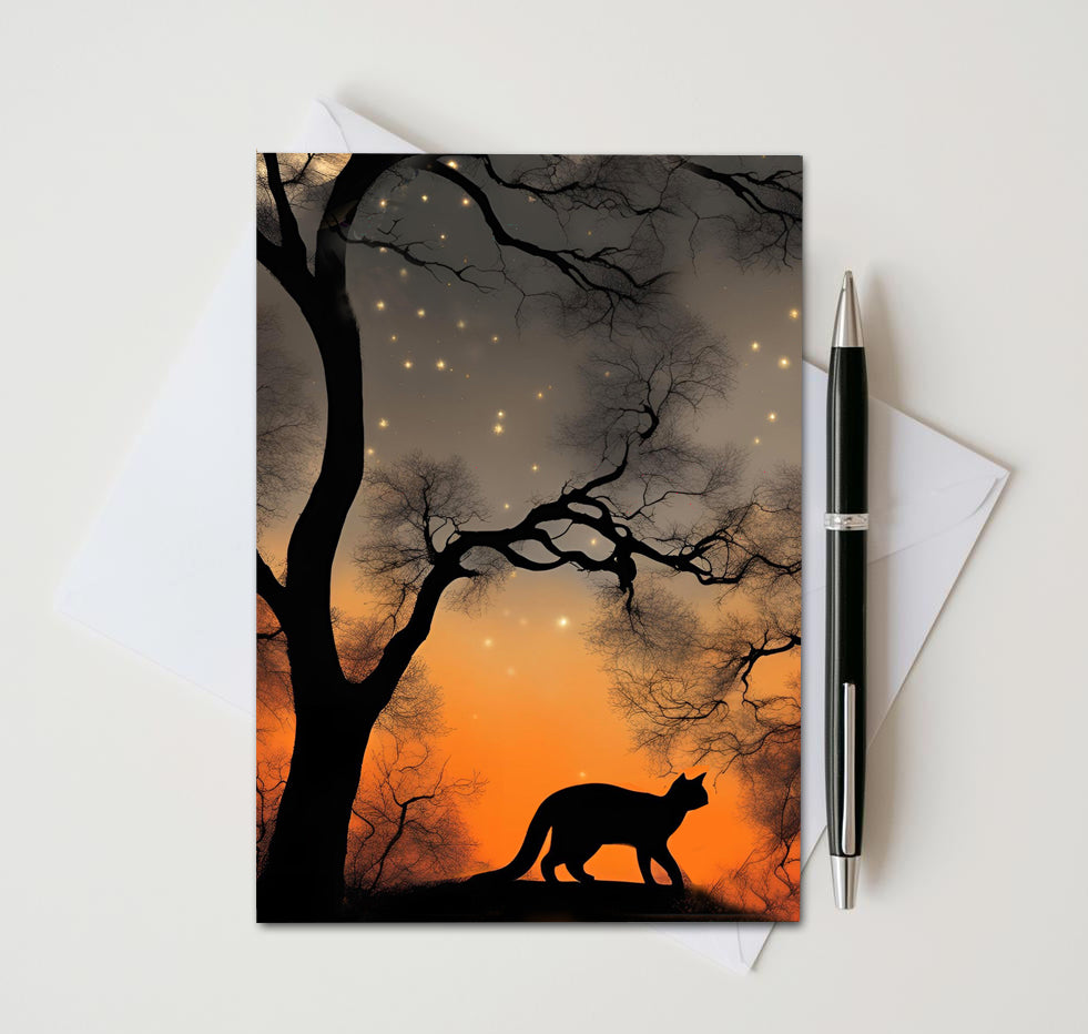 Black Cat Halloween Note Cards Set of 8, Full Moon Gothic Blank 5x7 Greeting Cards, Spooky Autumn Stationery, Witchy Cat Lover Gift