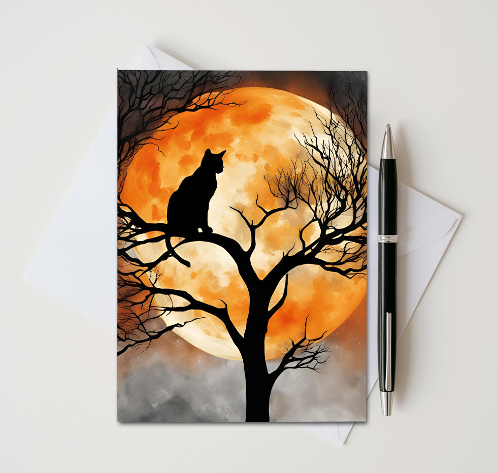 Black Cat Halloween Note Cards Set of 8, Full Moon Gothic Blank 5x7 Greeting Cards, Spooky Autumn Stationery, Witchy Cat Lover Gift