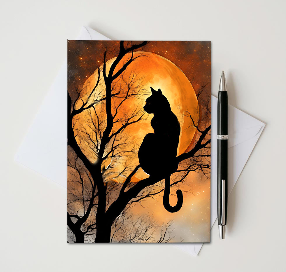 Black Cat Halloween Note Cards Set of 8, Full Moon Gothic Blank 5x7 Greeting Cards, Spooky Autumn Stationery, Witchy Cat Lover Gift