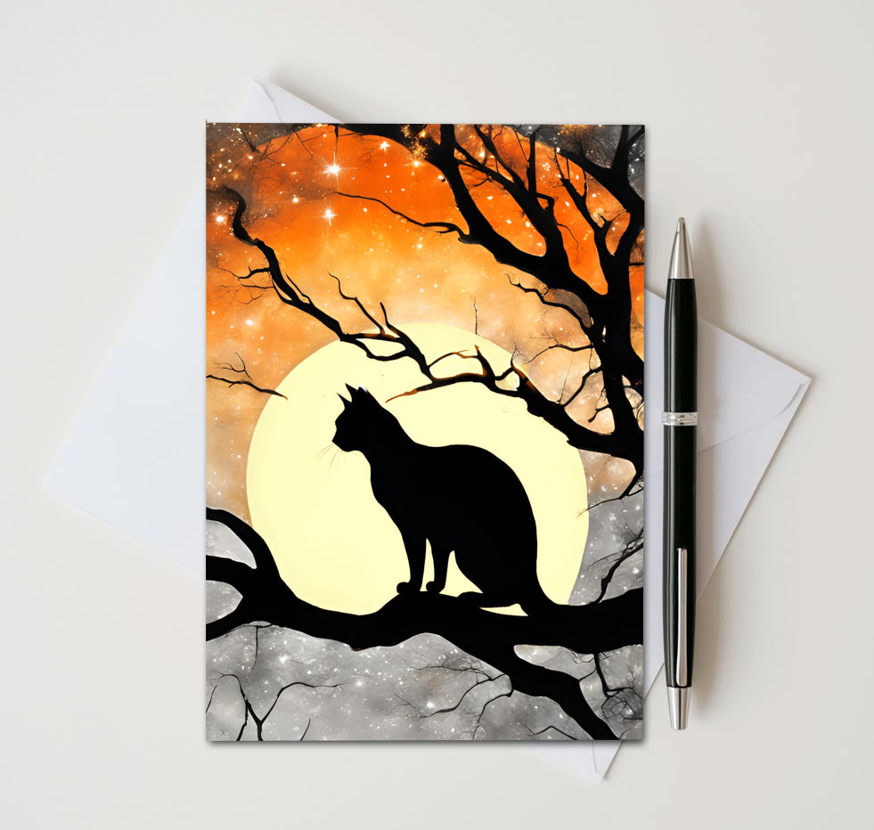 Black Cat Halloween Note Cards Set of 8, Full Moon Gothic Blank 5x7 Greeting Cards, Spooky Autumn Stationery, Witchy Cat Lover Gift
