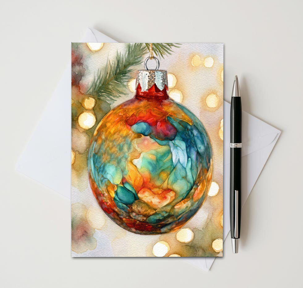Christmas card with teal and gold bauble beneath an evergreen branch and warm holiday lights
