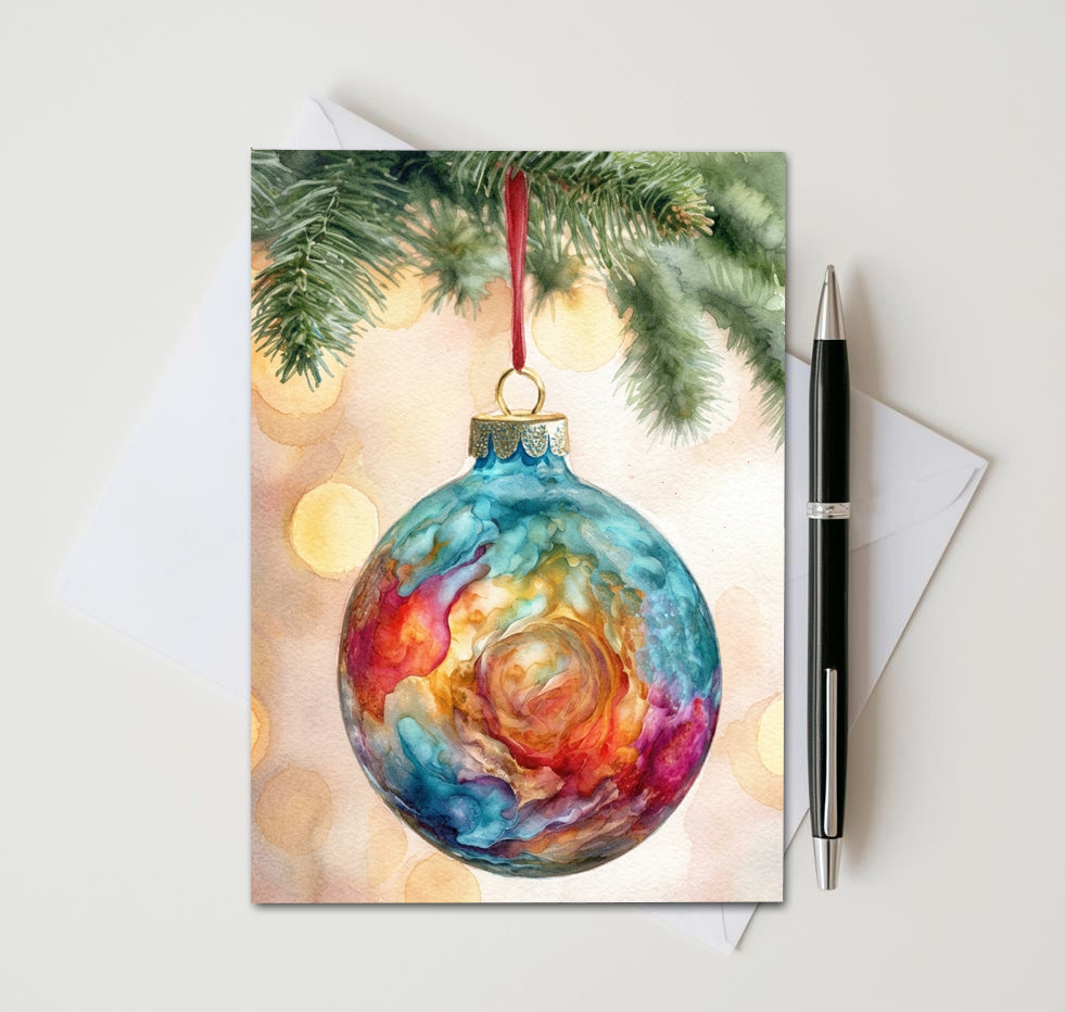 Christmas card with turquoise and orange ornament hanging from a red ribbon beneath pine branches
