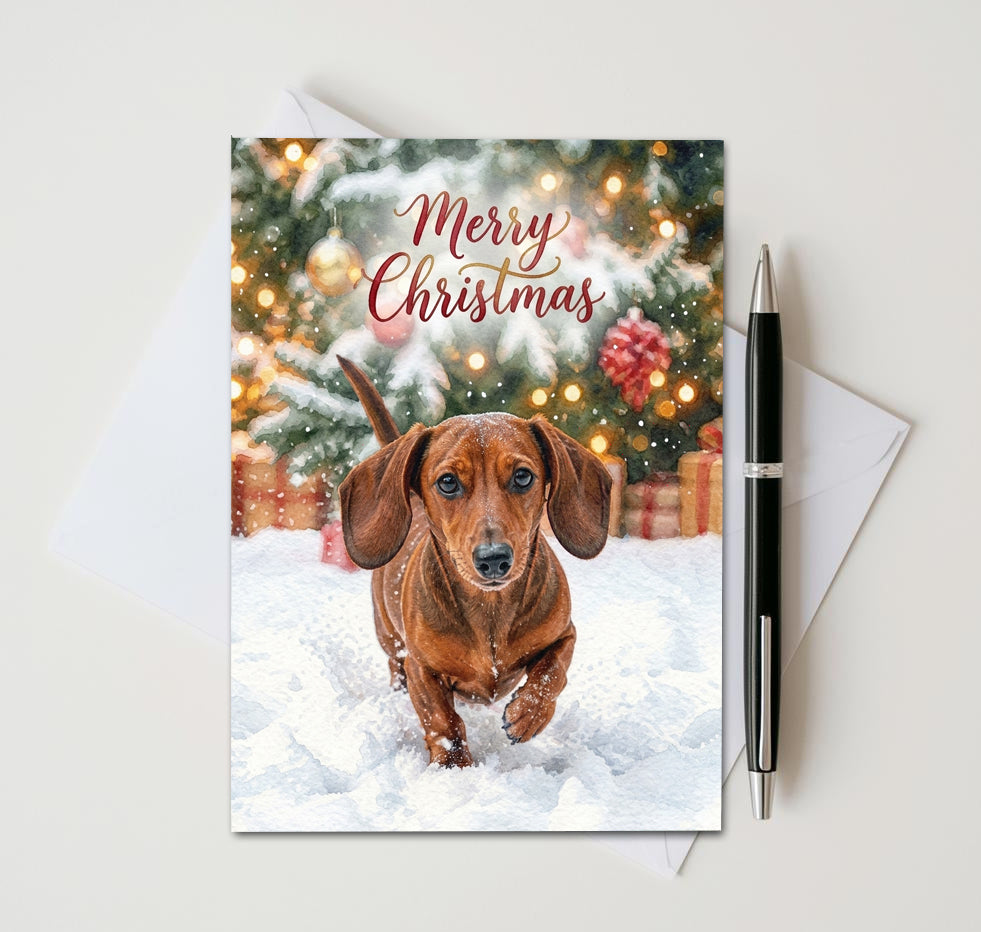 Merry Christmas card with brown dachshund running through snow beneath a decorated tree
