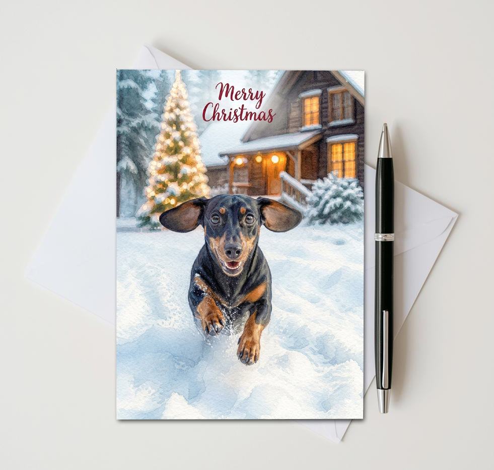 Merry Christmas card with black and tan dachshund running in front of a snowy cabin and lit tree
