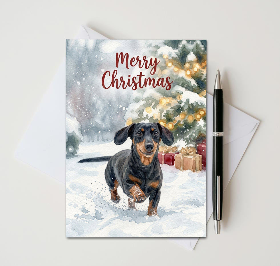 Merry Christmas card with black and tan dachshund running through snow near a tree and gifts
