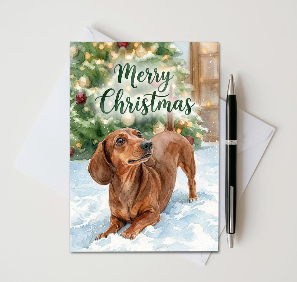 Merry Christmas card with brown dachshund stretching in snow beside a decorated tree
