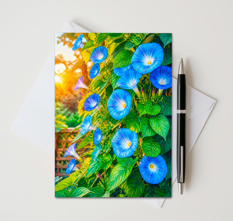 Morning Glory Note Cards Set of 8, Blue Floral Vine Blank 5x7 Greeting Cards, Garden Botanical Stationery, Nature Flower Lover Gift Pack