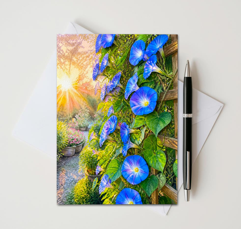 Morning Glory Note Cards Set of 8, Blue Floral Vine Blank 5x7 Greeting Cards, Garden Botanical Stationery, Nature Flower Lover Gift Pack