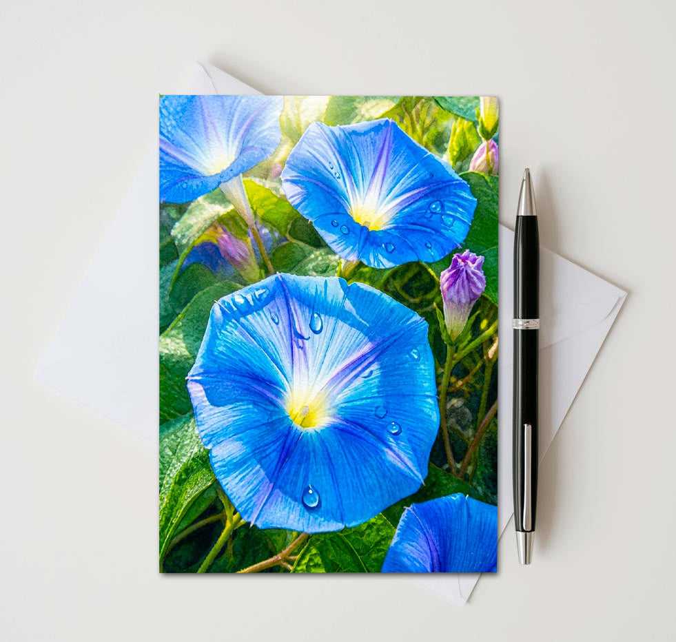 Morning Glory Note Cards Set of 8, Blue Floral Vine Blank 5x7 Greeting Cards, Garden Botanical Stationery, Nature Flower Lover Gift Pack