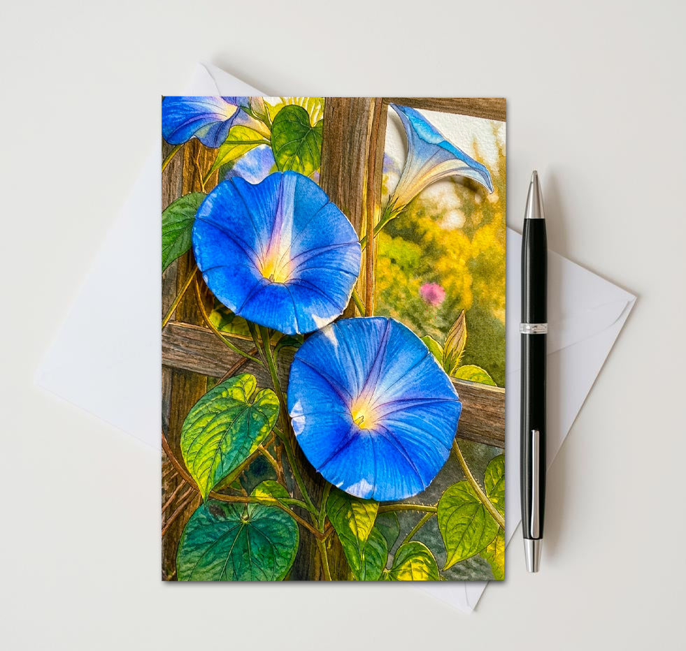 Morning Glory Note Cards Set of 8, Blue Floral Vine Blank 5x7 Greeting Cards, Garden Botanical Stationery, Nature Flower Lover Gift Pack