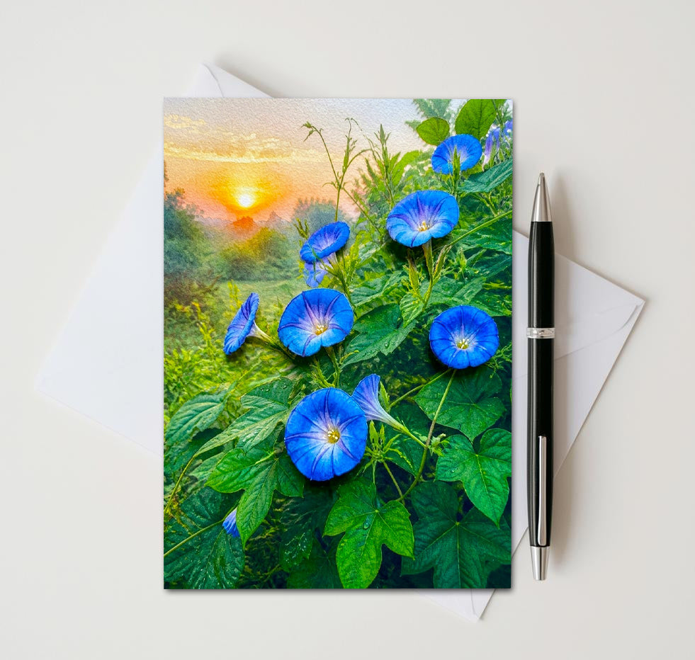 Morning Glory Note Cards Set of 8, Blue Floral Vine Blank 5x7 Greeting Cards, Garden Botanical Stationery, Nature Flower Lover Gift Pack