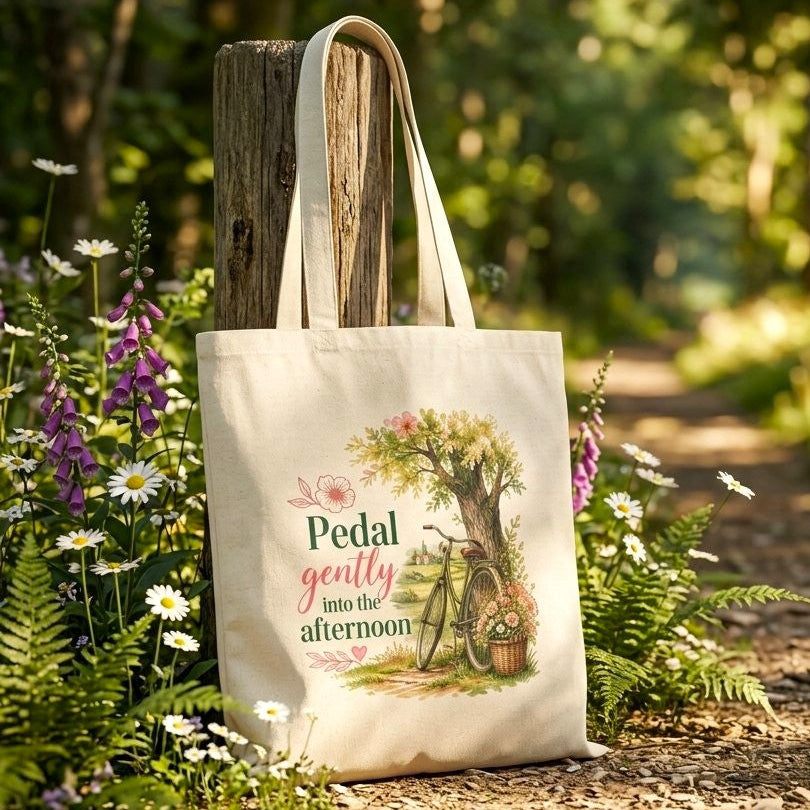 Natural canvas tote with bicycle and flowering tree illustration
