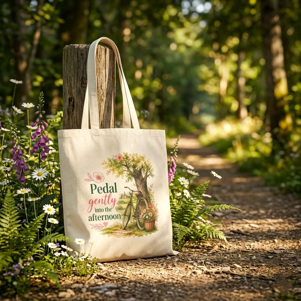 “Pedal gently into the afternoon” tote with picnic basket illustration
