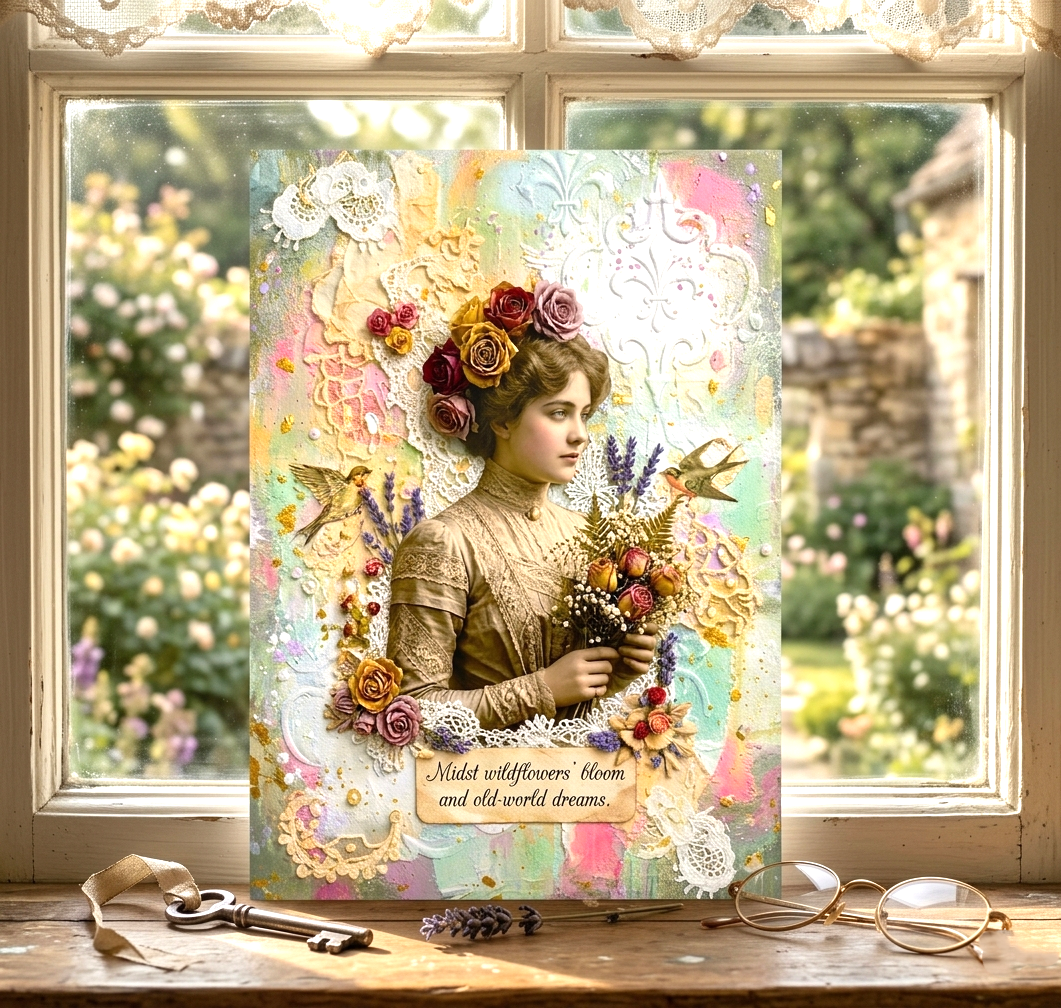 Victorian Floral Note Card, Handmade 5x7 Romantic Greeting Card