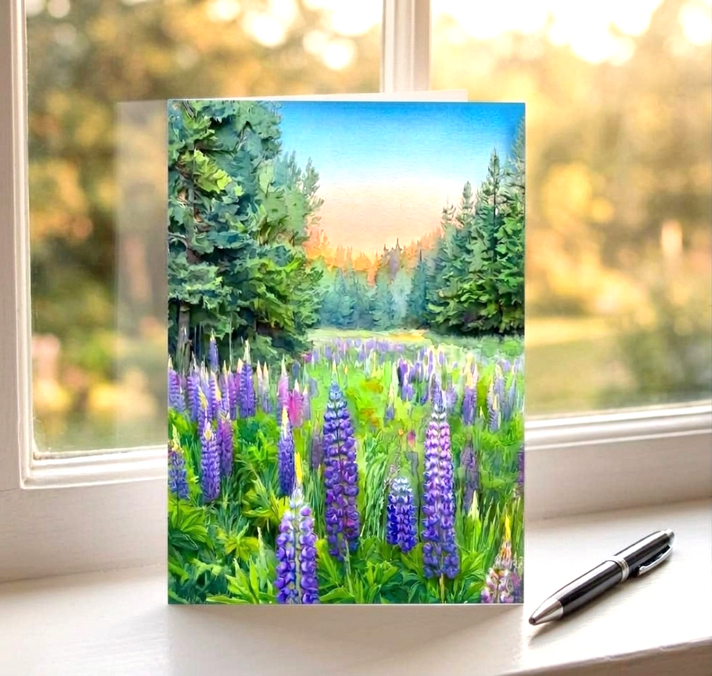 Lupine Field Note Card, Handmade 5x7 Great Lakes Nature Greeting Card