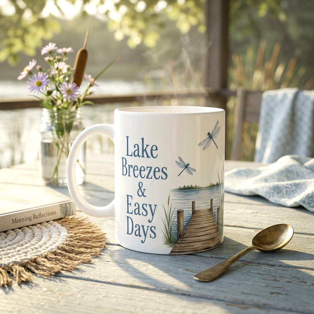 Lake Breezes & Easy Days Ceramic Mug — Lakeside Dock Scene Coffee Cup (11oz/15oz)