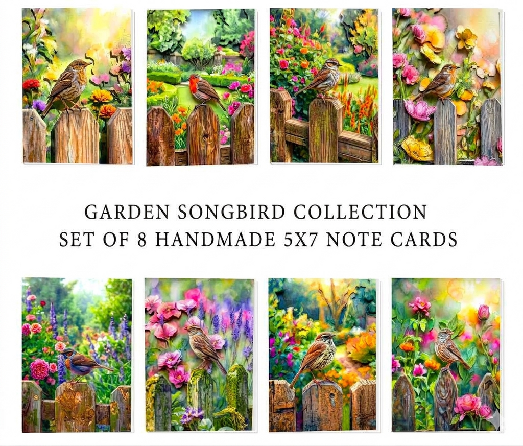 Garden Songbird Note Cards, Set of 8 Handmade 5x7 Rustic Floral Bird Cards