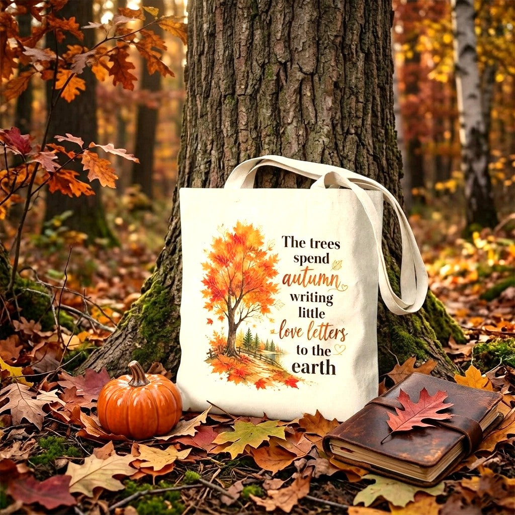 Fall library tote bag with watercolor autumn leaves and lone tree
