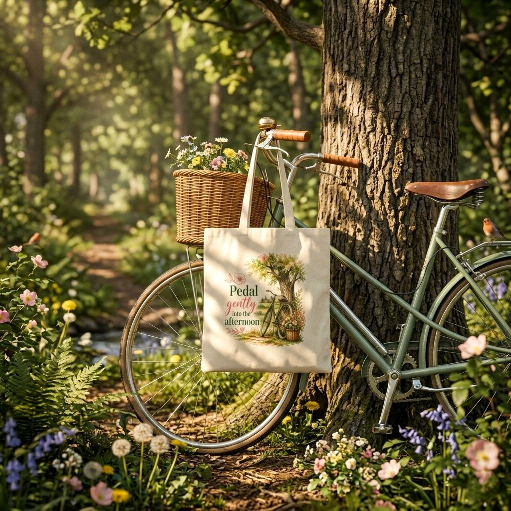 Cottagecore bicycle tote bag with “Pedal gently into the afternoon” message
